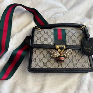 Designer INSPIRED Beige and Black Crossbody Bag with Red and Green Stripe